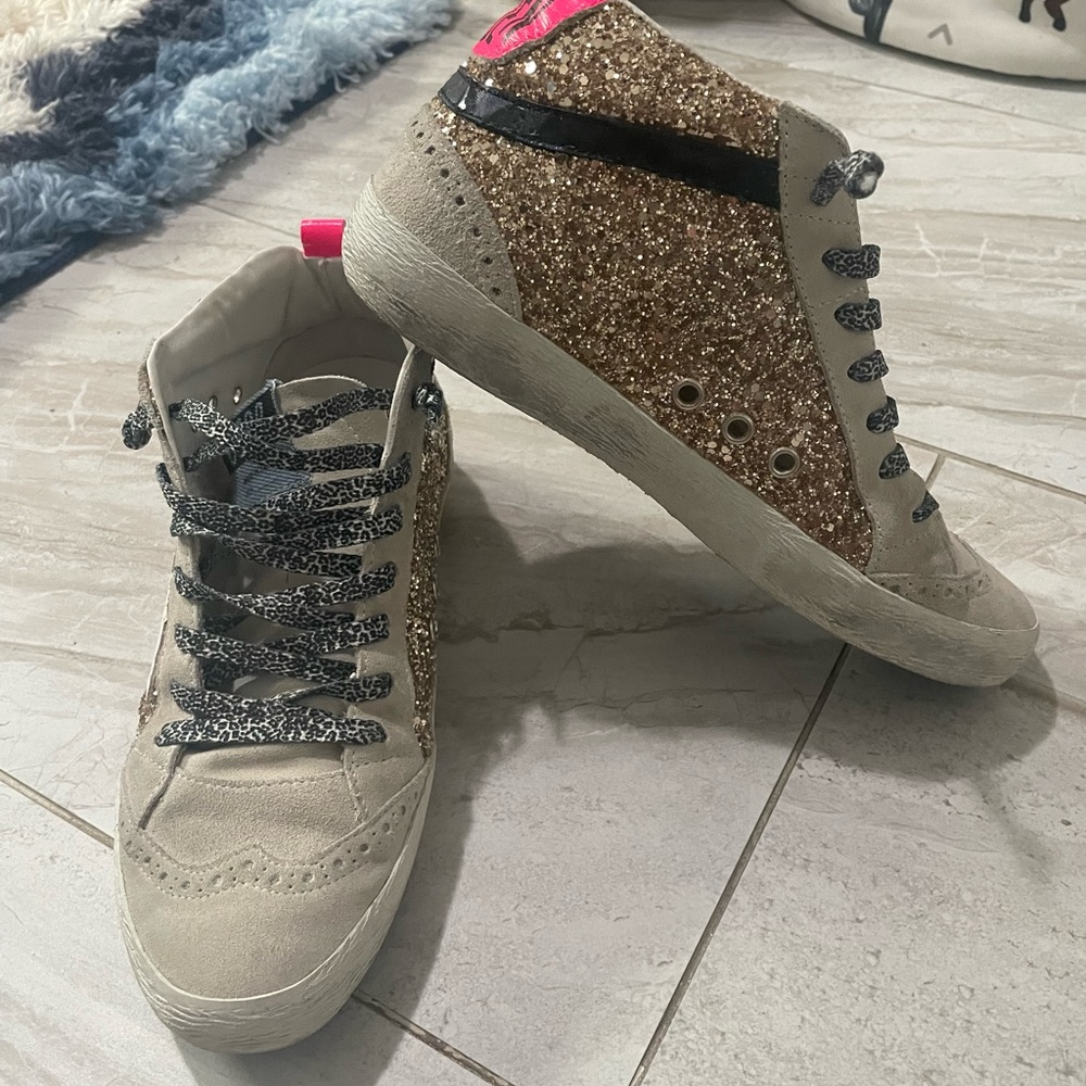 Golden goose size 38 midstars gold glitter,hot pink denim, & leopard blue stripe